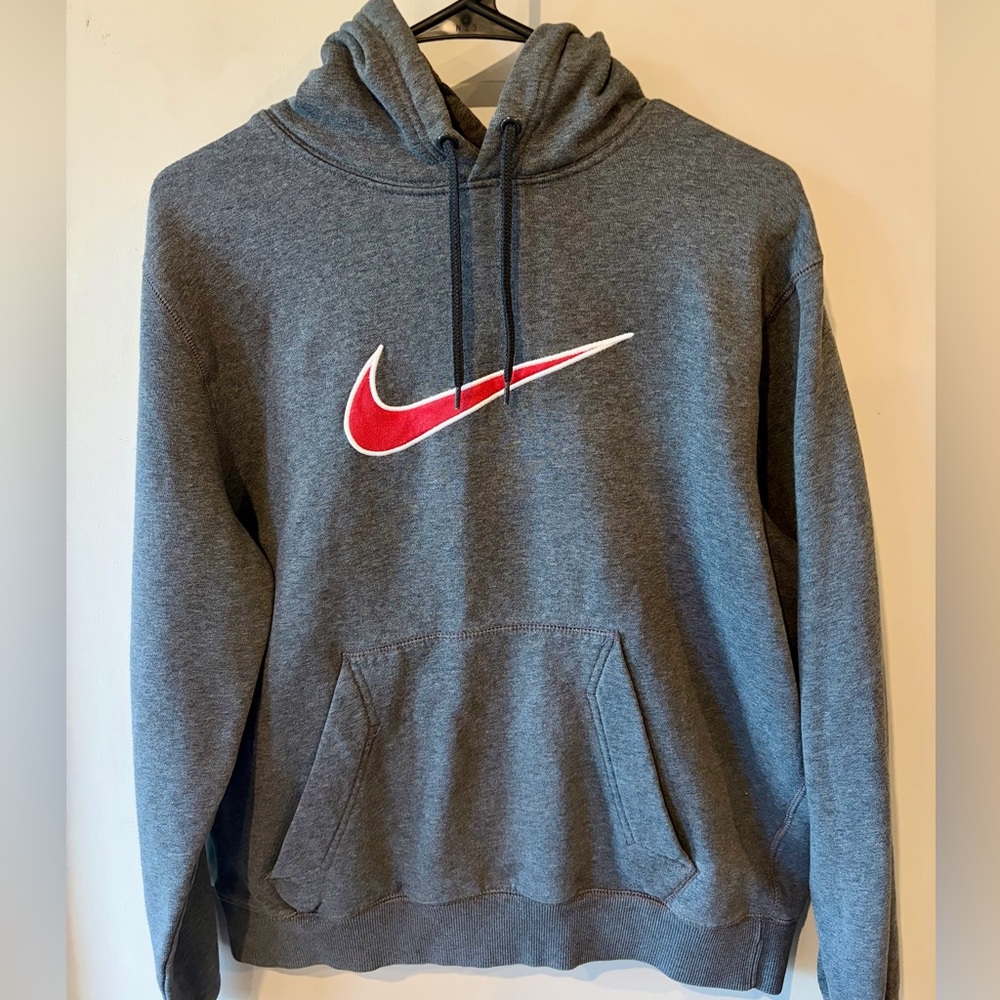 Nike Hoodie Gray Pullover Men’s Large Red Logo Sweatshirt